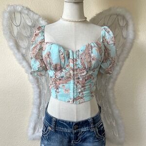 Romantic Floral Corset Top Ruched Puff Sleeve Paisley M‎ Doll Cute Pastel Retro